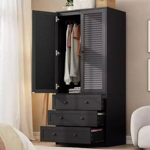 69.5 Wooden Armoire Wardrobe Closet with 3 Drawers, Hanging Rod, 2 Doors Clothing Storage Cabinet for Bedroom, Large Capacity Storage Wardrobe