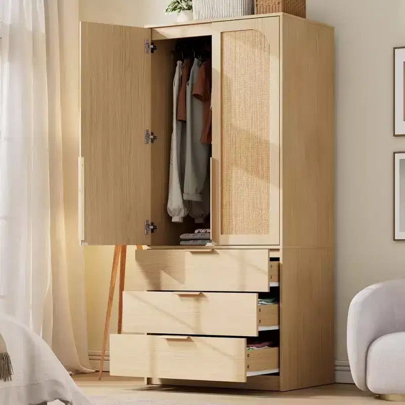 Armoire penderie en bois de 176,5 cm avec 3 tiroirs, tringle à vêtements, 2 portes, armoire de rangement de grande capacité pour chambre à coucher