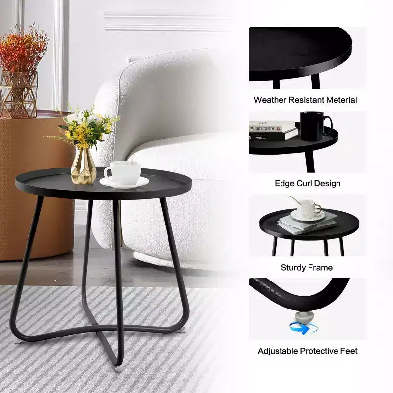 AEELLEEA Table d'appoint ronde d'extérieur, table de collation moderne en métal pour terrasse, petite table basse pour salon, balcon, cour, porche, noire