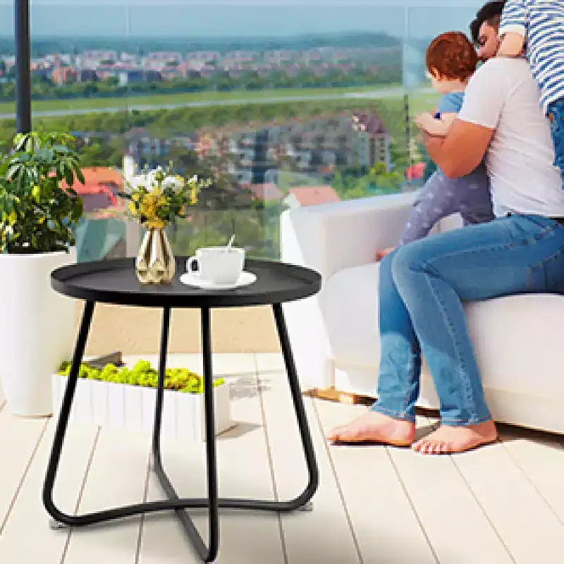 AEELLEEA Table d'appoint ronde d'extérieur, table de collation moderne en métal pour terrasse, petite table basse pour salon, balcon, cour, porche, noire