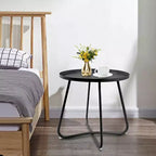 AEELLEEA Table d'appoint ronde d'extérieur, table de collation moderne en métal pour terrasse, petite table basse pour salon, balcon, cour, porche, noire