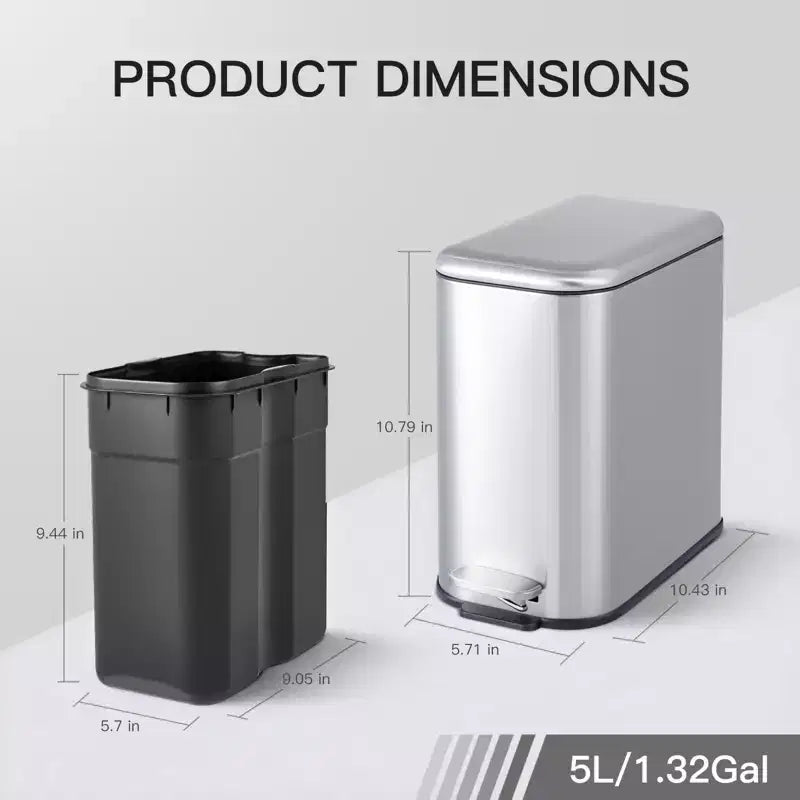 Poubelle compacte en acier inoxydable avec fermeture douce, couvercle anti-odeurs, poignée portable et pédale pour cuisine, salle de bain, bureau, chambre