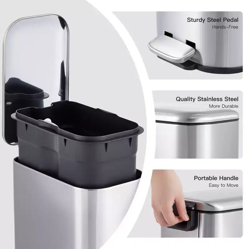 Poubelle compacte en acier inoxydable avec fermeture douce, couvercle anti-odeurs, poignée portable et pédale pour cuisine, salle de bain, bureau, chambre