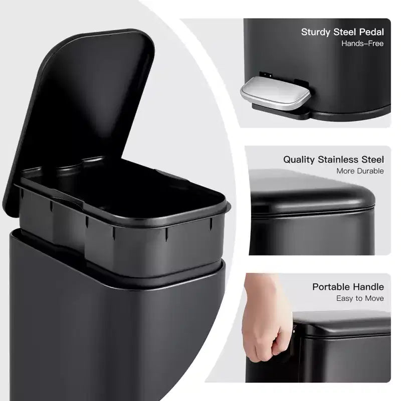 Poubelle compacte en acier inoxydable avec fermeture douce, couvercle anti-odeurs, poignée portable et pédale pour cuisine, salle de bain, bureau, chambre