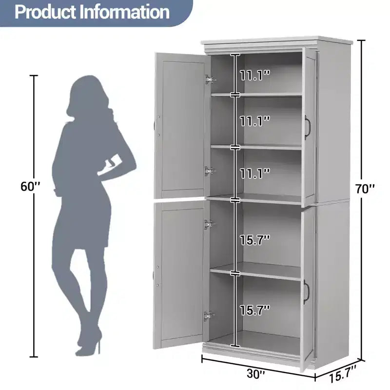 70 Meuble Colonne de Cuisine avec Portes et Étagères Réglables, Meuble de Rangement Autonome, Grande Armoire de Rangement pour Salle de Bain