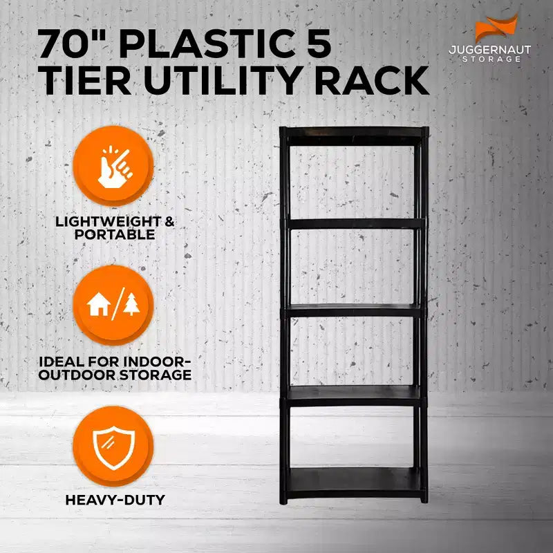 Juggernaut Storage 70 Étagère de rangement utilitaire en plastique à 5 niveaux pour garage, abri de jardin ou serre, capacité maximale de 158 kg, noir