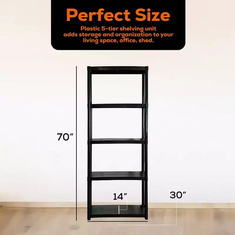 Juggernaut Storage 70 Étagère de rangement utilitaire en plastique à 5 niveaux pour garage, abri de jardin ou serre, capacité maximale de 158 kg, noir