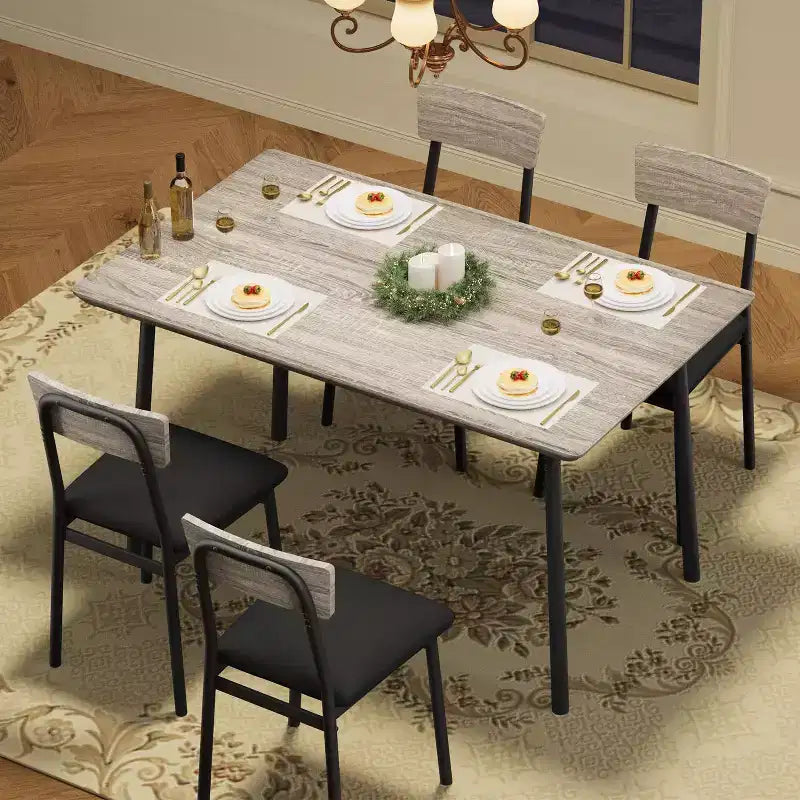 Ensemble Table à Manger avec 4 Chaises Rembourrées, Design à Bords Biseautés, Ensemble de 4 Chaises de Cuisine en Bois pour Salle à Manger, Cuisine, Appartement