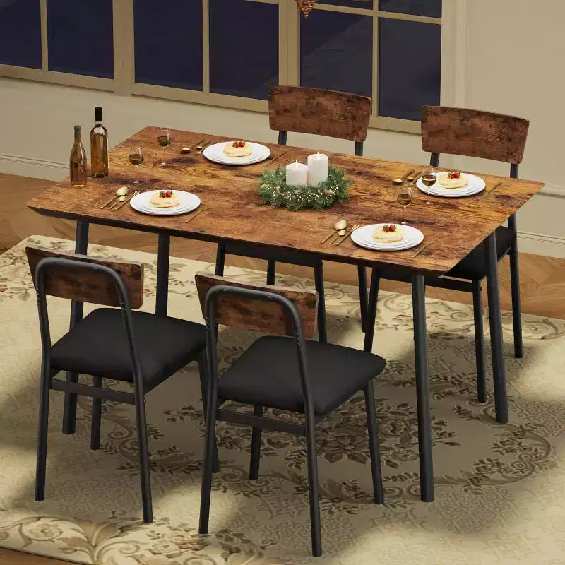 Ensemble Table à Manger avec 4 Chaises Rembourrées, Design à Bords Biseautés, Ensemble de 4 Chaises de Cuisine en Bois pour Salle à Manger, Cuisine, Appartement