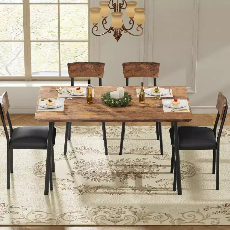 Ensemble Table à Manger avec 4 Chaises Rembourrées, Design à Bords Biseautés, Ensemble de 4 Chaises de Cuisine en Bois pour Salle à Manger, Cuisine, Appartement