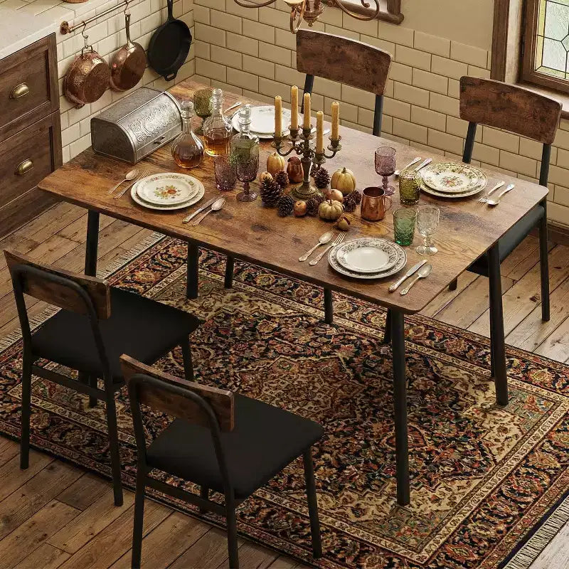 Ensemble Table à Manger avec 4 Chaises Rembourrées, Design à Bords Biseautés, Ensemble de 4 Chaises de Cuisine en Bois pour Salle à Manger, Cuisine, Appartement