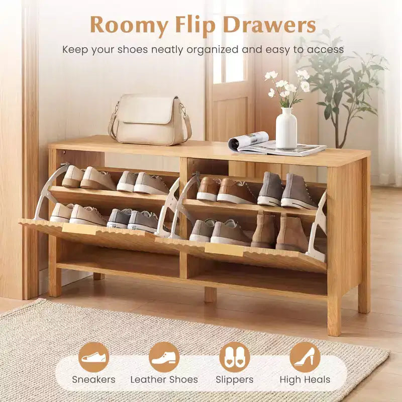 Banc de rangement à chaussures étroit Costway en bois avec 2 tiroirs basculants pour entrée
