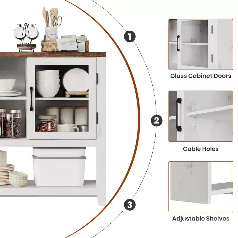 Meuble buffet vaisselier de 53 pouces avec 2 portes vitrées, Table basse de style ferme avec étagères ouvertes, pour salon, cuisine, salle à manger, entrée