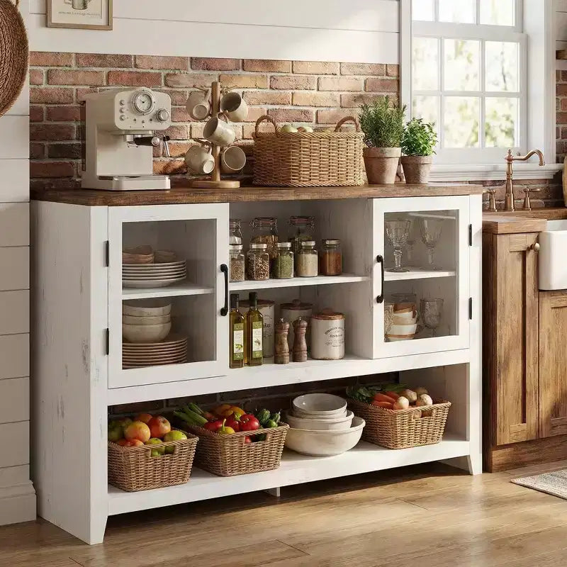 Meuble buffet vaisselier de 53 pouces avec 2 portes vitrées, Table basse de style ferme avec étagères ouvertes, pour salon, cuisine, salle à manger, entrée