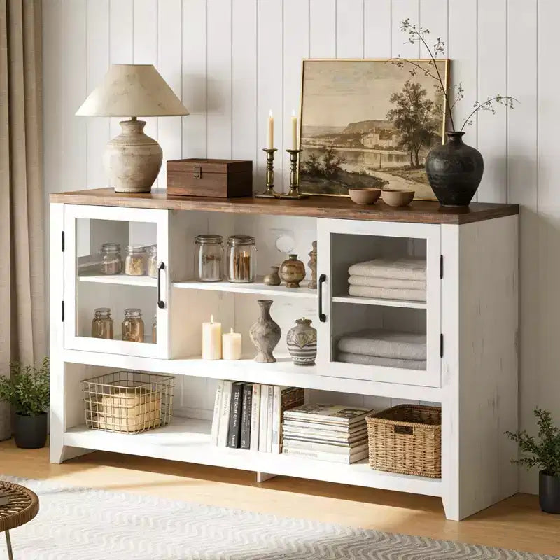 Meuble buffet vaisselier de 53 pouces avec 2 portes vitrées, Table basse de style ferme avec étagères ouvertes, pour salon, cuisine, salle à manger, entrée
