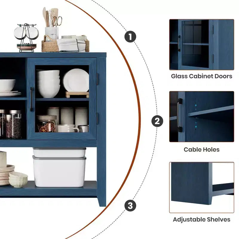 Meuble buffet vaisselier de 53 pouces avec 2 portes vitrées, Table basse de style ferme avec étagères ouvertes, pour salon, cuisine, salle à manger, entrée