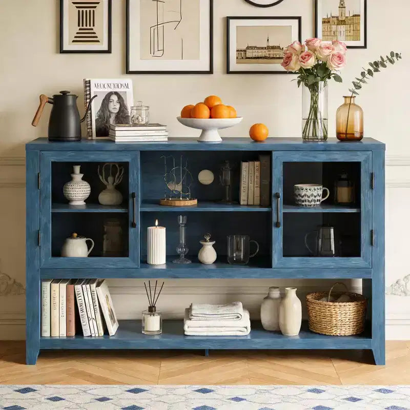 Meuble buffet vaisselier de 53 pouces avec 2 portes vitrées, Table basse de style ferme avec étagères ouvertes, pour salon, cuisine, salle à manger, entrée
