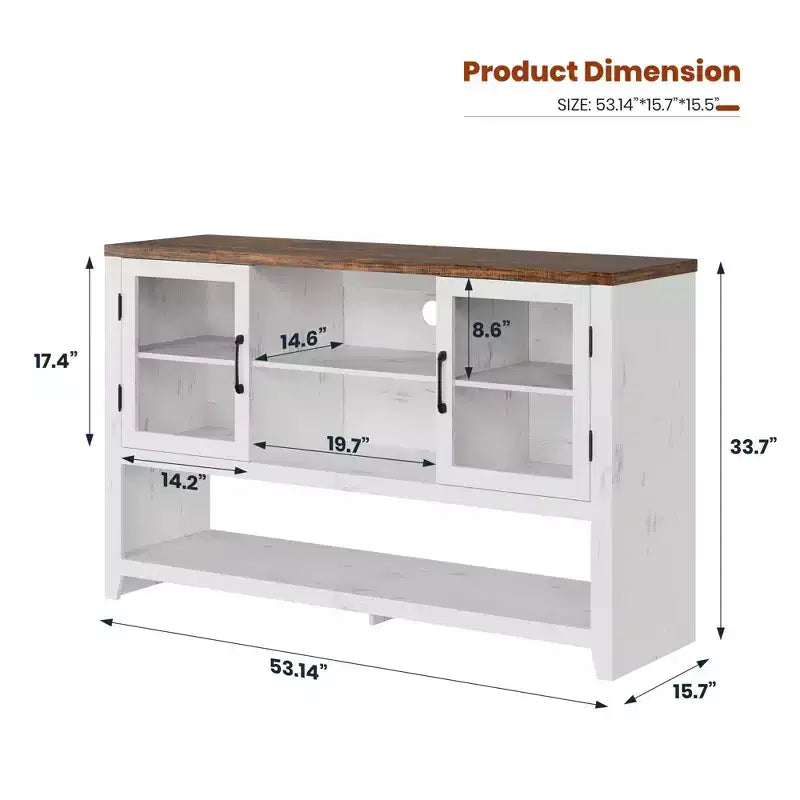 Meuble buffet vaisselier de 53 pouces avec 2 portes vitrées, Table basse de style ferme avec étagères ouvertes, pour salon, cuisine, salle à manger, entrée