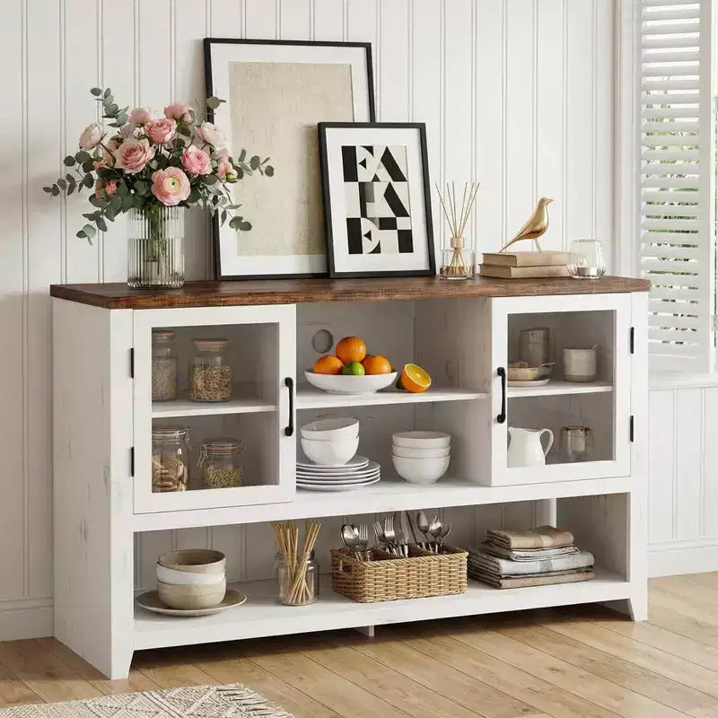 Meuble buffet vaisselier de 53 pouces avec 2 portes vitrées, Table basse de style ferme avec étagères ouvertes, pour salon, cuisine, salle à manger, entrée