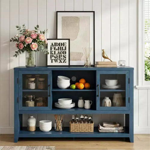 53 Sideboard Buffet Cabinet with 2 Glass Doors, Farmhouse Coffee Table Storage with Open Shelves, for Living Room, Kitchen, Dining, Entryway