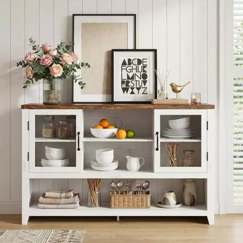 Meuble buffet vaisselier de 53 pouces avec 2 portes vitrées, Table basse de style ferme avec étagères ouvertes, pour salon, cuisine, salle à manger, entrée
