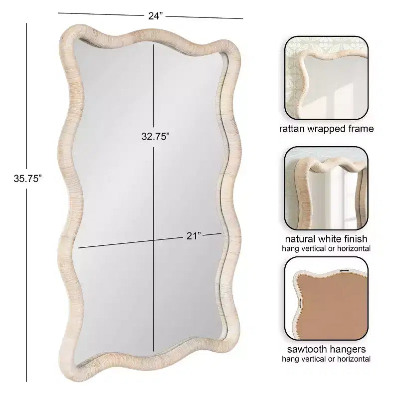 Miroir rectangulaire festonné en rotin Rahfy de Kate et Laurel, blanc, 24x36