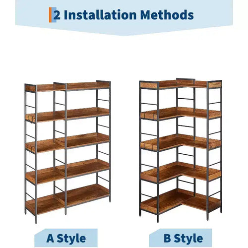 Étagère d'angle à 5 niveaux, bibliothèque industrielle en forme de L avec étagères, meuble de rangement d'angle autoportant pour salon, chambre, bureau à domicile