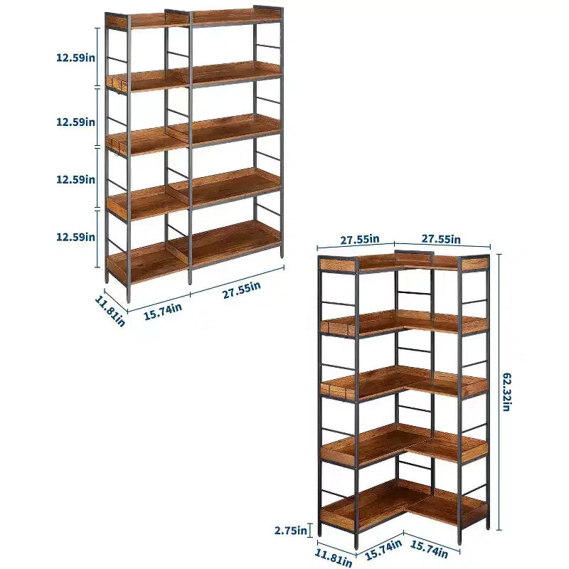 Étagère d'angle à 5 niveaux, bibliothèque industrielle en forme de L avec étagères, meuble de rangement d'angle autoportant pour salon, chambre, bureau à domicile