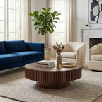 JVNOXK Table basse ronde 89,9 cm, petite table basse pour appartement, table basse moderne pour salon avec piédestal robuste, noyer