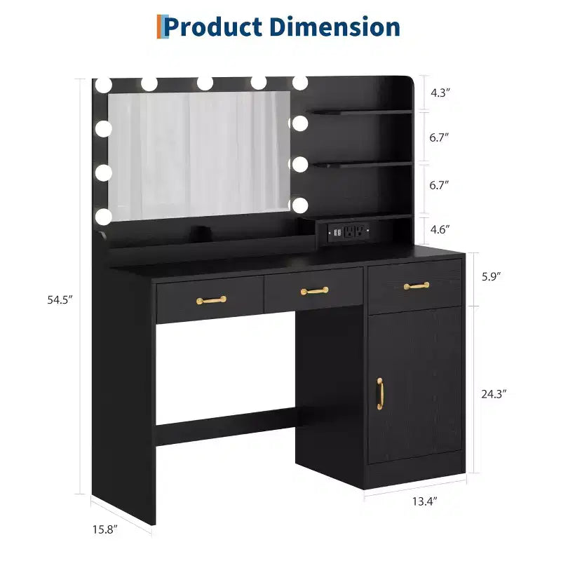 Coiffeuse 54,5 po avec miroir et 11 ampoules DEL, prise de courant intégrée, 3 tiroirs et étagères ouvertes, tabouret de rangement inclus