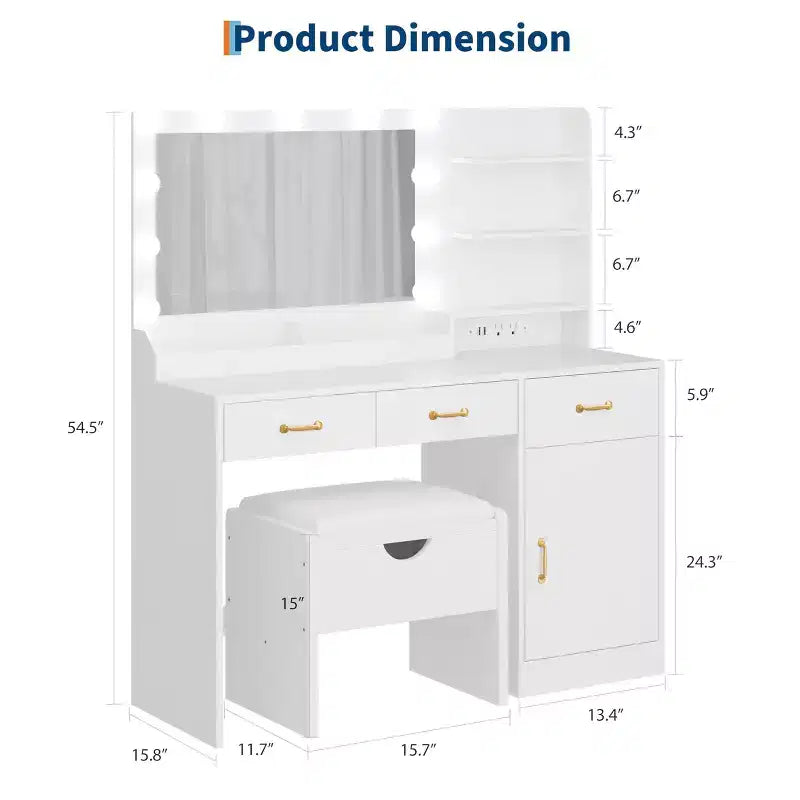 Coiffeuse 54,5 po avec miroir et 11 ampoules DEL, prise de courant intégrée, 3 tiroirs et étagères ouvertes, tabouret de rangement inclus