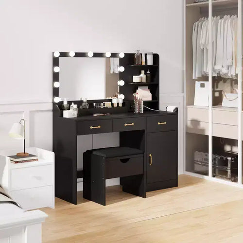 54.5 Makeup Vanity with Mirror & 11 LED Bulbs, Built-in Power Outlet, 3 Drawers & Open Shelves, Complete with Storage Stool