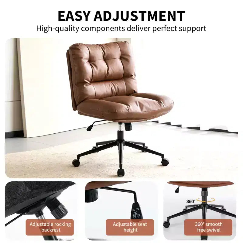 Chaise de bureau pivotante à 360°, sans accoudoirs, avec siège large à double coussin, réglable en hauteur pour bureau, chambre et salle d'étude