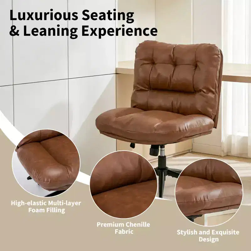 Chaise de bureau pivotante à 360°, sans accoudoirs, avec siège large à double coussin, réglable en hauteur pour bureau, chambre et salle d'étude