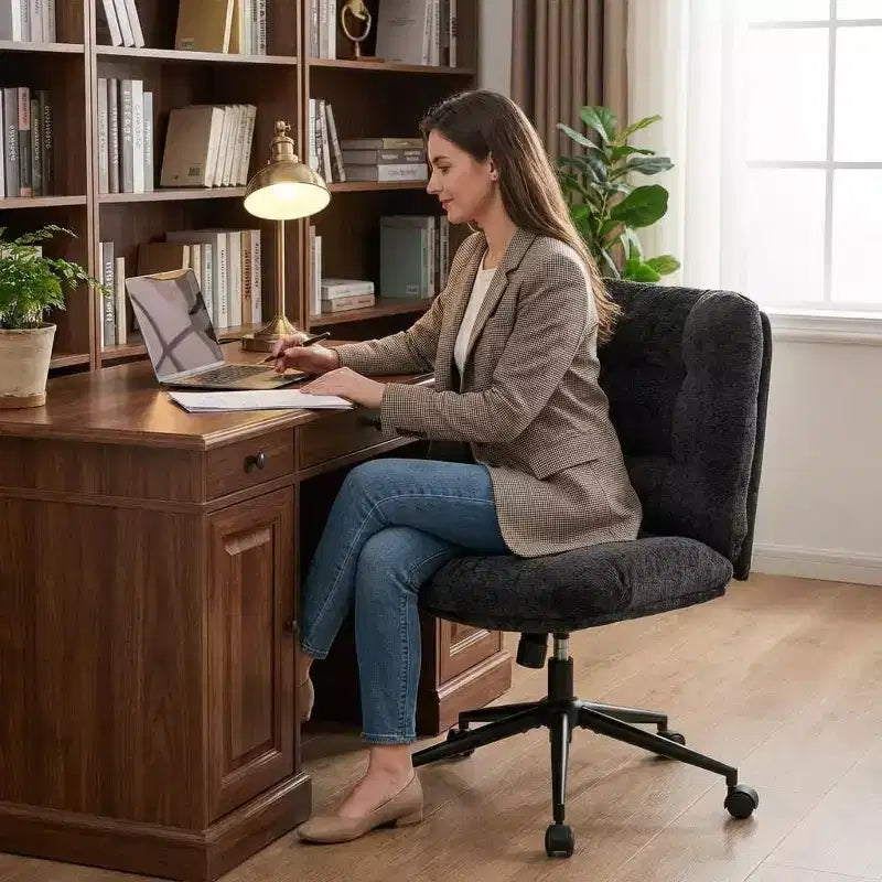 Chaise de bureau pivotante à 360°, sans accoudoirs, avec siège large à double coussin, réglable en hauteur pour bureau, chambre et salle d'étude