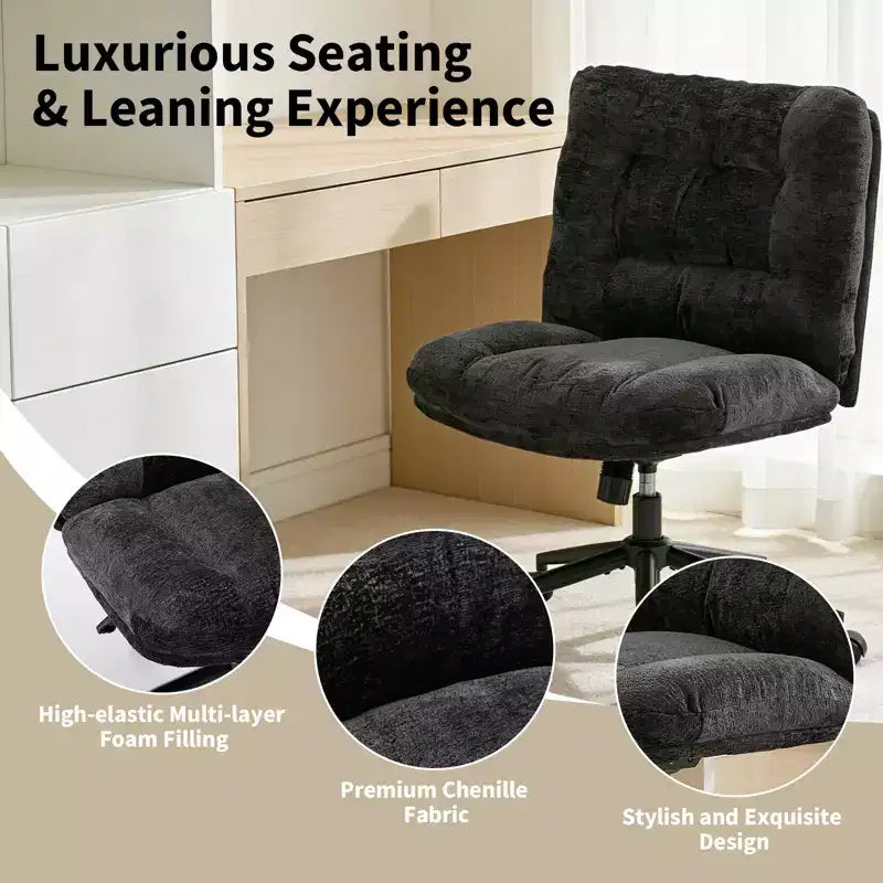 Chaise de bureau pivotante à 360°, sans accoudoirs, avec siège large à double coussin, réglable en hauteur pour bureau, chambre et salle d'étude