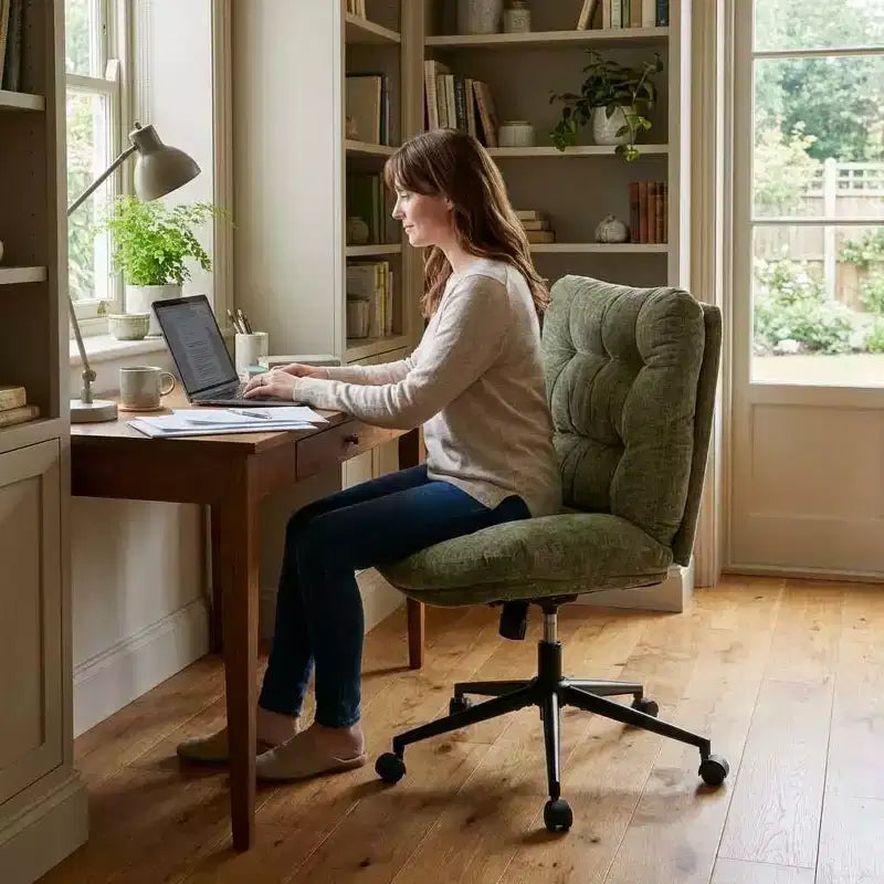 Chaise de bureau pivotante à 360°, sans accoudoirs, avec siège large à double coussin, réglable en hauteur pour bureau, chambre et salle d'étude