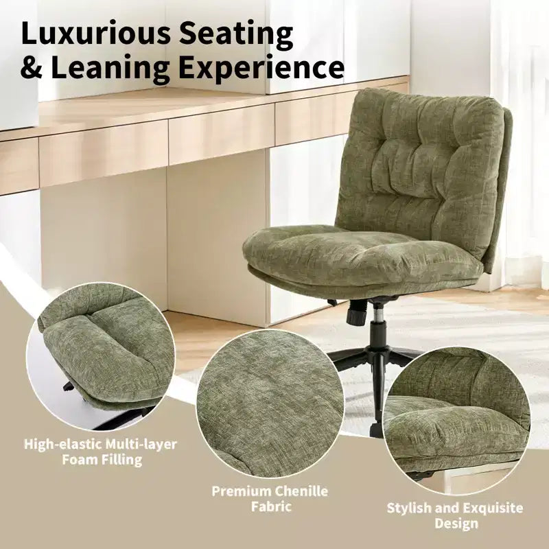 Chaise de bureau pivotante à 360°, sans accoudoirs, avec siège large à double coussin, réglable en hauteur pour bureau, chambre et salle d'étude
