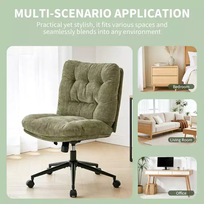 Chaise de bureau pivotante à 360°, sans accoudoirs, avec siège large à double coussin, réglable en hauteur pour bureau, chambre et salle d'étude