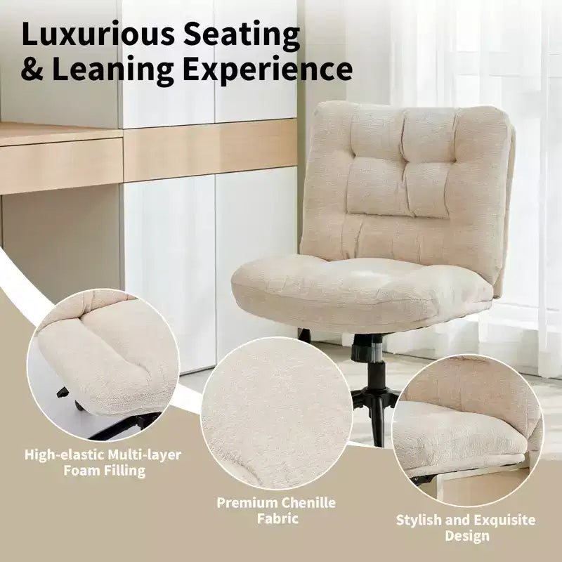 Chaise de bureau pivotante à 360°, sans accoudoirs, avec siège large à double coussin, réglable en hauteur pour bureau, chambre et salle d'étude