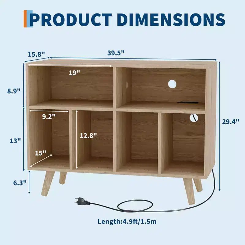 Meuble pour platine vinyle de 39,5 po avec station de recharge, meuble en bois d'ingénierie pouvant contenir plus de 350 albums vinyles, pour salon, chambre à coucher, bureau