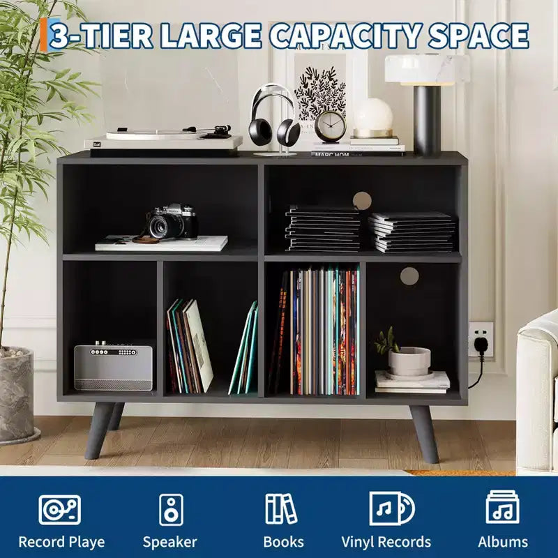 Meuble pour platine vinyle de 39,5 po avec station de recharge, meuble en bois d'ingénierie pouvant contenir plus de 350 albums vinyles, pour salon, chambre à coucher, bureau