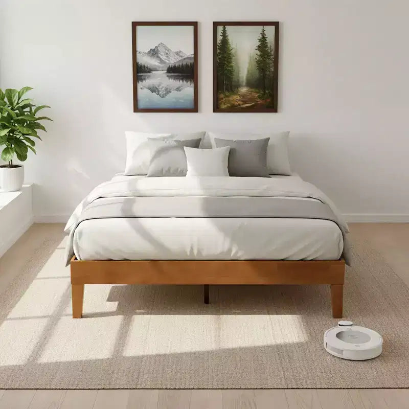 Cadre de lit plateforme en bois JIONJOY 12 pouces Queen, sommier en bois d'hévéa massif, support de matelas robuste, montage facile, bois naturel