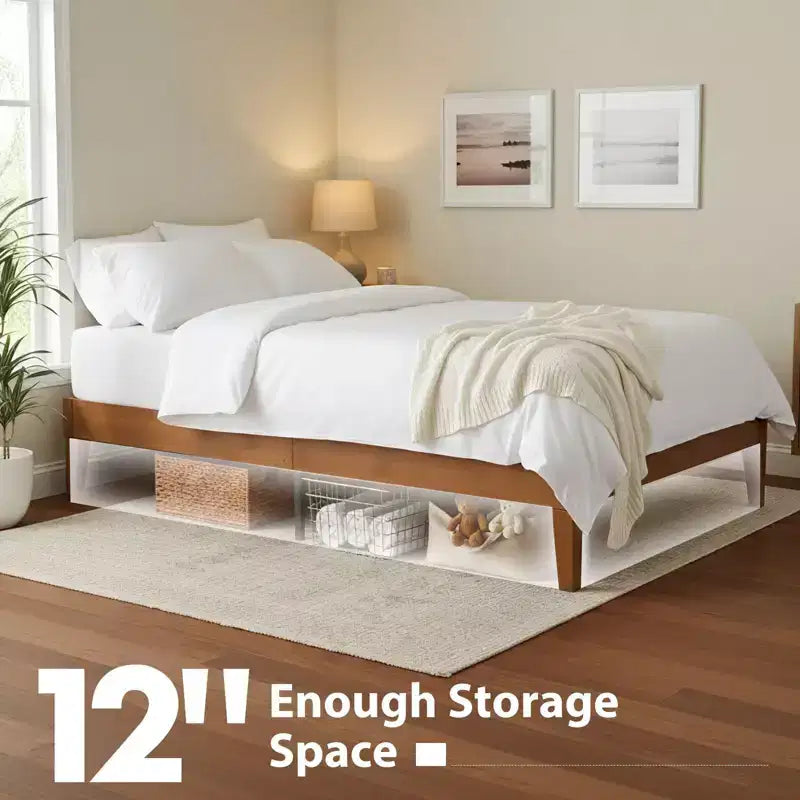 Cadre de lit plateforme en bois JIONJOY 12 pouces Queen, sommier en bois d'hévéa massif, support de matelas robuste, montage facile, bois naturel