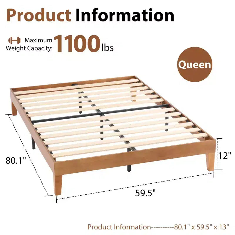 Cadre de lit plateforme en bois JIONJOY 12 pouces Queen, sommier en bois d'hévéa massif, support de matelas robuste, montage facile, bois naturel