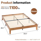 Cadre de lit plateforme en bois JIONJOY 12 pouces Queen, sommier en bois d'hévéa massif, support de matelas robuste, montage facile, bois naturel
