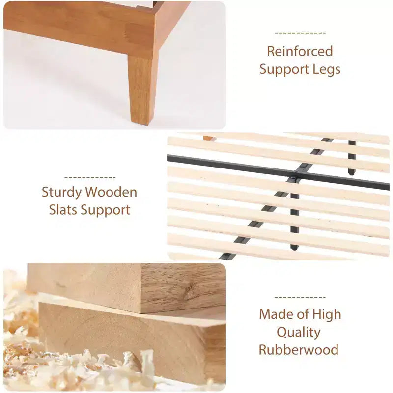 Cadre de lit plateforme en bois JIONJOY 12 pouces Queen, sommier en bois d'hévéa massif, support de matelas robuste, montage facile, bois naturel