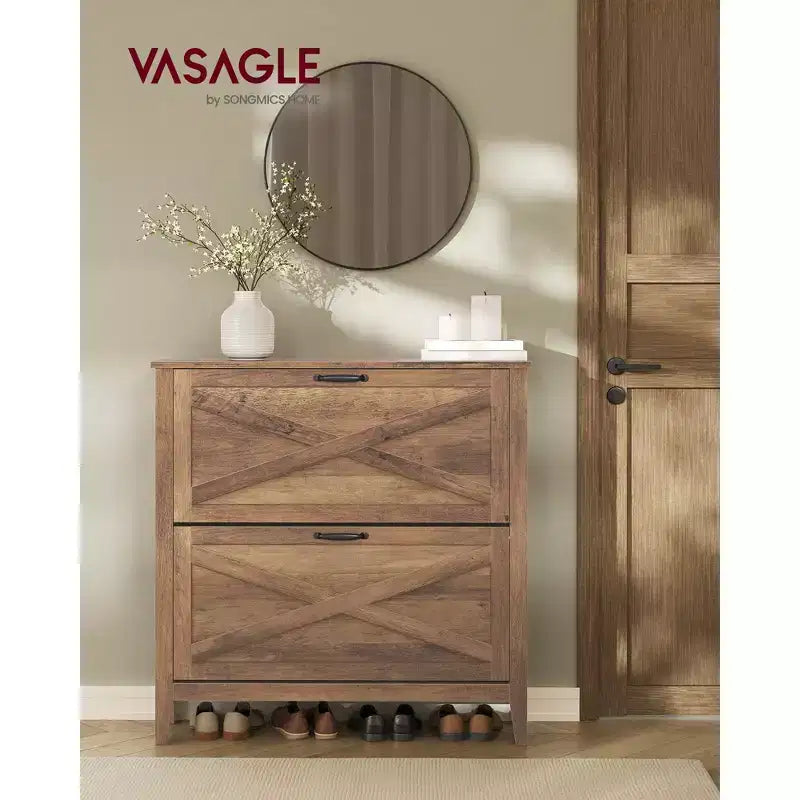 VASAGLE Collection LIRY - Meuble à Chaussures avec 2 Tiroirs Basculants, Meuble à Chaussures Étroit sur Pied, Capacité de 12 à 16 Paires, Brun Miel