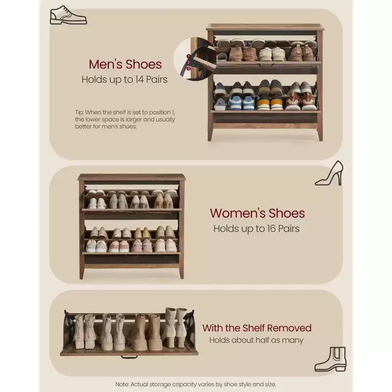 VASAGLE Collection LIRY - Meuble à Chaussures avec 2 Tiroirs Basculants, Meuble à Chaussures Étroit sur Pied, Capacité de 12 à 16 Paires, Brun Miel