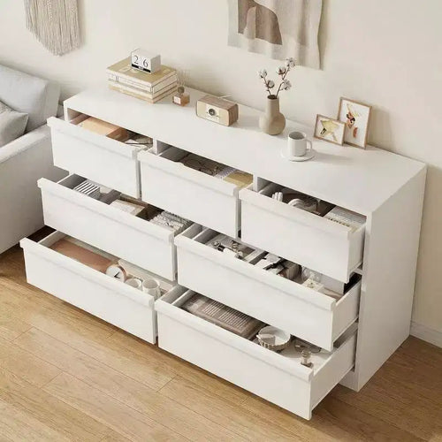 Commode 7 tiroirs, 137 cm de large, style chêne naturel, grande capacité, rangement tiroirs, armoire large, meuble de rangement en bois, convient au salon
